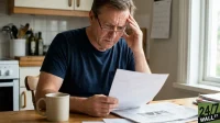 A Caucasian man with grey hair and glasses, wearing a dark blue t-shirt, sits at a wooden table in a kitchen. He holds a white document in his hands, looking down at it with a worried and thoughtful expression, his left hand touching his forehead. A beige mug and a newspaper are visible on the table beside him.