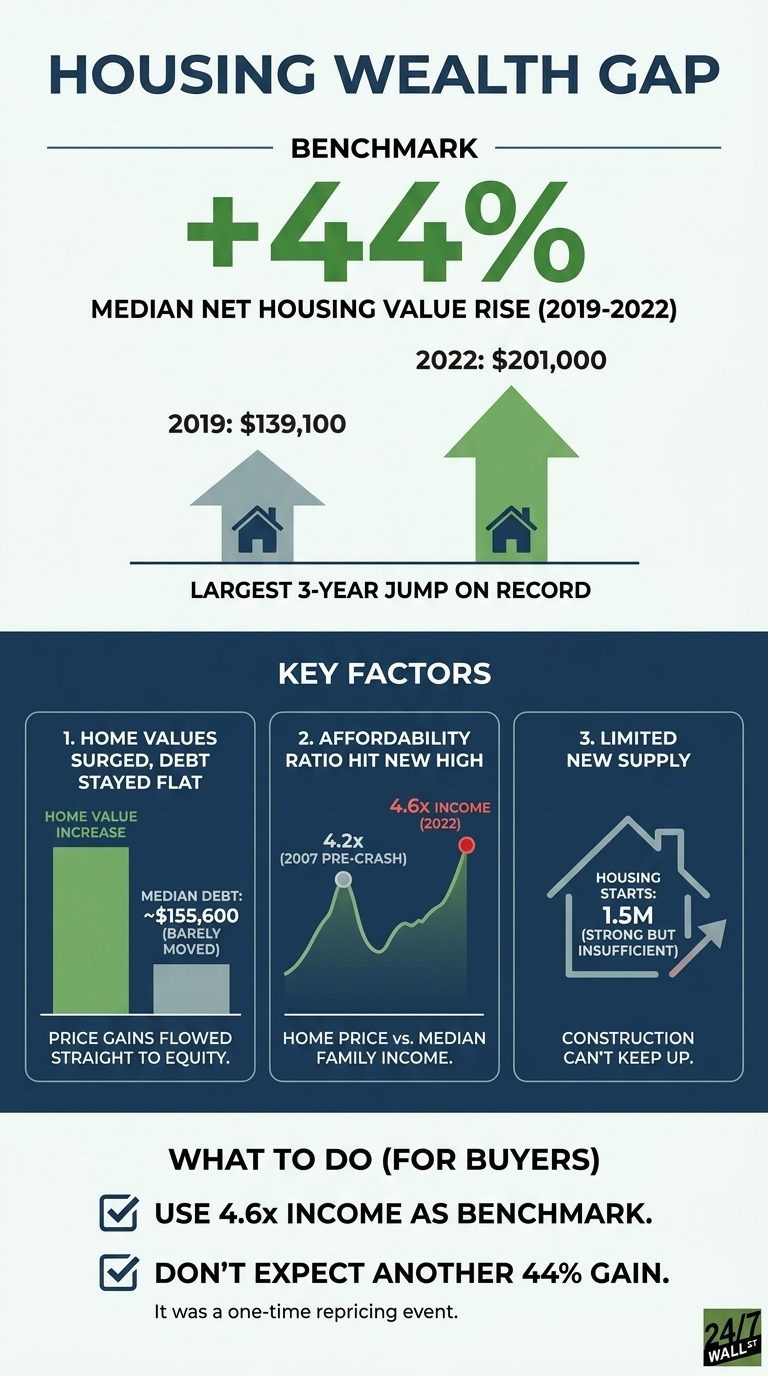 An infographic titled 'Housing Wealth Gap' displays a benchmark of '+44% Median Net Housing Value Rise (2019-2022)'. It shows median values increasing from $139,100 in 2019 to $201,000 in 2022, marked as the 'Largest 3-year jump on record'. Below, three 'Key Factors' are presented: 1. 'Home Values Surged, Debt Stayed Flat' with a green bar chart showing 'Home Value Increase' and 'Median Debt: ~$155,600'. 2. 'Affordability Ratio Hit New High' with a line graph comparing 'Home Price vs. Median Family Income', showing 4.2x in 2007 (pre-crash) and 4.6x income in 2022. 3. 'Limited New Supply' with a house icon indicating 'Housing Starts: 1.5M (Strong but insufficient)' and stating 'Construction can't keep up'. Finally, 'What to Do (For Buyers)' suggests 'Use 4.6x income as benchmark' and 'Don't expect another 44% gain' as it was 'a one-time repricing event'.