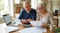 An elderly man and woman are seated at a wooden table in a well-lit kitchen, intently examining various paper documents. A silver laptop displaying a financial spreadsheet is open on the left, next to a stack of white envelopes. A black calculator rests between the couple, and the woman, wearing eyeglasses, points at a document held by the man. A cream-colored mug is on the table to the right. The background includes a window, kitchen cabinets, and a wall clock.