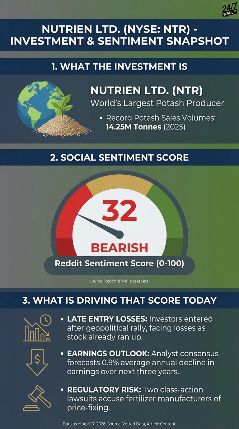 An infographic titled 'Nutrien Ltd. (NYSE: NTR) - Investment & Sentiment Snapshot'. Section 1, 'What the Investment Is', displays an illustration of a globe with a plant growing from a pile of potash, next to text identifying Nutrien Ltd. (NTR) as the 'World's Largest Potash Producer' with 'Record Potash Sales Volumes: 14.25M Tonnes (2025)'. Section 2, 'Social Sentiment Score', features a radial gauge indicating a score of '32 BEARISH' as the 'Reddit Sentiment Score (0-100)', sourced from Reddit (r/wallstreetbets). Section 3, 'What is Driving That Score Today', lists three bullet points with corresponding icons: 'LATE ENTRY LOSSES' (bar chart with clock icon), 'EARNINGS OUTLOOK' (downward dollar sign icon) stating 'Analyst consensus forecasts 0.9% average annual decline in earnings over next three years', and 'REGULATORY RISK' (gavel icon) mentioning 'Two class-action lawsuits accuse fertilizer manufacturers of price-fixing'. The infographic notes 'Data as of April 7, 2026'.