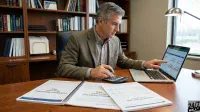 A man with gray hair, wearing a brown blazer and checkered shirt, sits at a wooden desk. He looks intently at a silver laptop, pointing at its screen with his right index finger, while his left hand holds a pen over a black calculator. On the desk are two open spiral-bound documents: one titled 'Cash Balance Pension Plan Illustration 2026' and the other '401(k) & Profit Sharing Plan Account Statement.' A wooden bookshelf filled with books and files is visible in the blurred background, along with a window featuring horizontal blinds.