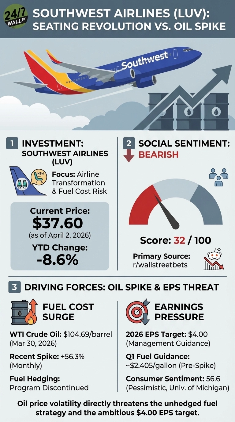 An infographic titled 'Southwest Airlines (LUV): Seating Revolution vs. Oil Spike'. The top half features a Southwest airplane flying above oil barrels with an upward trending arrow. The bottom half is divided into three sections. Section 1, 'Investment', shows Southwest Airlines' current price of $37.60 (as of April 2, 2026) and a YTD change of -8.6%. Section 2, 'Social Sentiment', displays a red gauge indicating a 'Bearish' score of 32/100, with r/wallstreetbets as the primary source. Section 3, 'Driving Forces: Oil Spike & EPS Threat', details a 'Fuel Cost Surge' with WTI Crude Oil at $104.69/barrel (Mar 30, 2026), a +56.3% monthly spike, and discontinued fuel hedging. It also shows 'Earnings Pressure' with a 2026 EPS Target of $4.00 and Q1 Fuel Guidance of ~$2.405/gallon (Pre-Spike). A concluding statement reads: 'Oil price volatility directly threatens the unhedged fuel strategy and the ambitious $4.00 EPS target.'