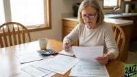 A serious-looking older woman with blonde hair and glasses sits at a light brown wooden table, holding a pen over a notebook with her right hand and a document in her left. Several white papers, a black calculator, and a white mug are spread across the table. A bright window is visible in the background, along with a glimpse of a kitchen counter.