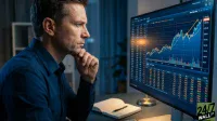 A serious-looking man with short hair, wearing a dark blue collared shirt, sits in a dimly lit room, intently gazing at a large computer monitor to his right. His right hand is resting on his chin, suggesting deep thought. The monitor displays financial charts with upward-trending lines and candlestick patterns in shades of blue, orange, and white, along with tables of stock data. A bright light source illuminates parts of the screen and a notebook with a pen lies open on the dark desk in the foreground.