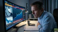 A man with short, greying hair and a light blue button-down shirt is intensely focused on a large, curved computer monitor in a dimly lit room. The monitor displays complex financial charts, stock tickers for GOLD and GDX with percentage changes, and maps labeled 'STRAIT OF HORMUZ' and 'IRAN CONFLICT ANALYSIS'. On the white desk below the monitor, there is a dark grey coffee cup, a black calculator, and an open spiral notebook with handwritten notes.