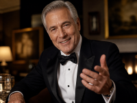AI-generated portrait of a well-dressed older man in a tuxedo smiling warmly at the camera in an elegant indoor setting.