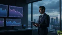 A man in a dark suit stands in an office with a serious expression, holding a tablet in his hands. To his left, three large monitors display blue and purple financial charts with fluctuating lines. He is looking out a large window at a city skyline during twilight. A desk with a keyboard, mouse, and a desk phone is visible below the monitors.