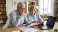 A distressed senior couple sits at a wooden table. The man, with grey hair and a beard, rests his chin on his hand, looking intently at papers. The woman, with blonde hair, points to documents while looking at the laptop screen, which displays financial charts with upward and downward trends. Several papers are spread on the table, and a notebook is visible. The background shows a modern living room with bookshelves and a window.