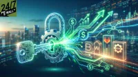 A glowing blue-green digital key with circuit board patterns is inserted into a large metallic gear-shaped lock, which is part of a padlock, emitting a bright green light. Behind it, a vibrant digital interface shows upward-trending arrows on bar charts, dollar signs, and interconnected nodes, all against a blurred city skyline at dusk. In the foreground, luminous 3D blocks display 'BBWI', the red-and-white GitLab logo, and 'ESAB' with a gear logo. The 24/7 Wall St logo is in the top left corner.