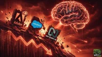 A vibrant, glowing red brain hovers over a crumbling, dark landscape where the logos of Adobe, Salesforce, and ServiceNow are depicted as shattering blocks. Below, a stark red downward-sloping arrow resembling a stock chart indicates a sharp decline, set against a backdrop of falling binary code and glowing red lines. The overall mood is intense and dramatic, emphasizing market turmoil and technological impact.