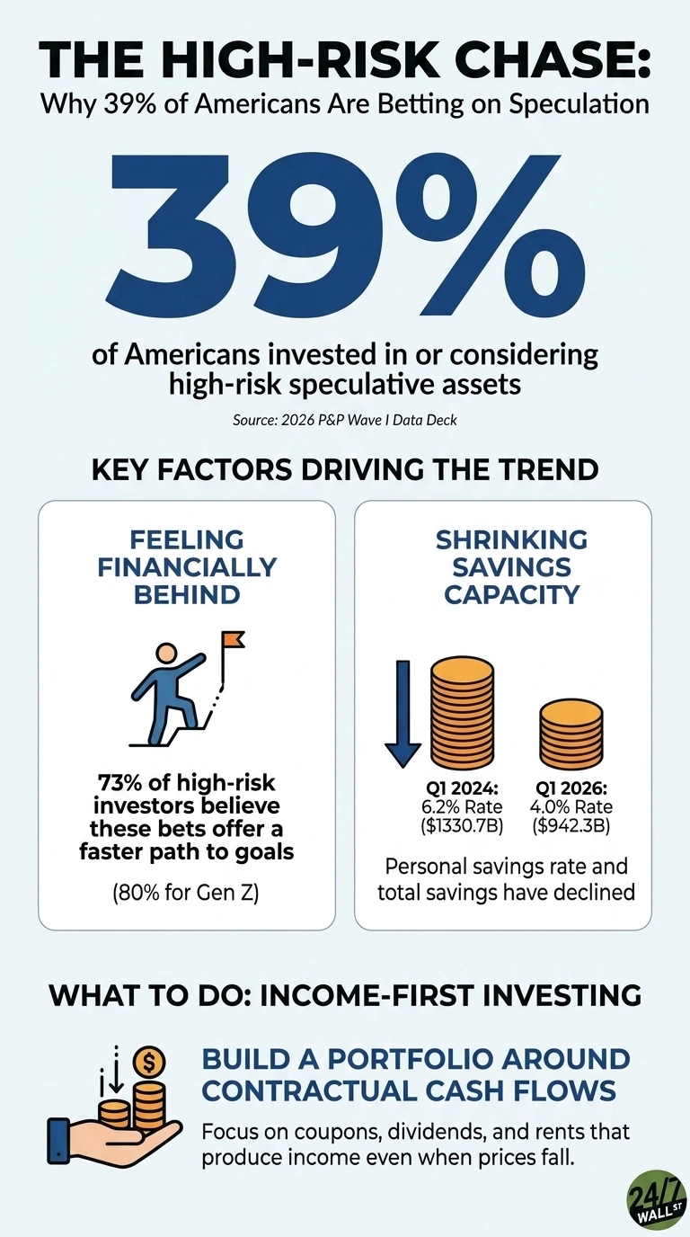 An infographic titled 'THE HIGH-RISK CHASE: Why 39% of Americans Are Betting on Speculation'. A large '39%' is prominently displayed, followed by the text 'of Americans invested in or considering high-risk speculative assets' and the source '2026 P&P Wave I Data Deck'. Below this, two sections under 'KEY FACTORS DRIVING THE TREND' are shown. The left section, titled 'FEELING FINANCIALLY BEHIND', features an icon of a person climbing stairs towards a flag and text stating: '73% of high-risk investors believe these bets offer a faster path to goals (80% for Gen Z)'. The right section, titled 'SHRINKING SAVINGS CAPACITY', features a downward blue arrow next to two stacks of coins, and text detailing: 'Q1 2024: 6.2% Rate ($1330.7B)' and 'Q1 2026: 4.0% Rate ($942.3B)', followed by 'Personal savings rate and total savings have declined'. The bottom section, titled 'WHAT TO DO: INCOME-FIRST INVESTING', displays an icon of a hand holding stacks of coins with an upward arrow and a dollar sign, alongside text: 'BUILD A PORTFOLIO AROUND CONTRACTUAL CASH FLOWS' and 'Focus on coupons, dividends, and rents that produce income even when prices fall.' A '24/7 WALL ST' logo is in the bottom right corner.