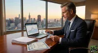 A man in a dark blue suit sits at a wooden desk, holding and looking at a tablet. An open laptop on the desk displays a chart titled "MUNICIPAL BOND YIELDS - TAX EXEMPT." To the left, a stack of white papers and a blue certificate labeled "MUNICIPAL BOND" are visible. Behind him, a large window offers a panoramic view of a city skyline with multiple skyscrapers under a warm, golden sunset sky.