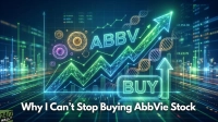 A vibrant digital graphic depicting a financial market overview, predominantly in shades of blue and green. A prominent upward-trending line graph intersects with large, glowing letters spelling "ABBV" and stylized DNA helixes. Cellular structures are scattered in the background. A bright "BUY" button is visible at the bottom right. The image also includes multiple smaller glowing upward arrows, bar charts, and numerical data points like "+1,954.00" and "+1.25%", all against a glowing, blurred cityscape backdrop.