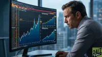 A man with short brown hair and a light grey collared shirt sits intently in front of a computer monitor, gazing at financial charts. The dark screen displays graphs for 'WTI Crude Oil Price' with a prominent horizontal line at '$100', and 'VNOM Royalty Income' against a dark background with blue and yellow lines. The man is holding a computer mouse with his right hand, and a blurry cityscape is visible through a window in the background.