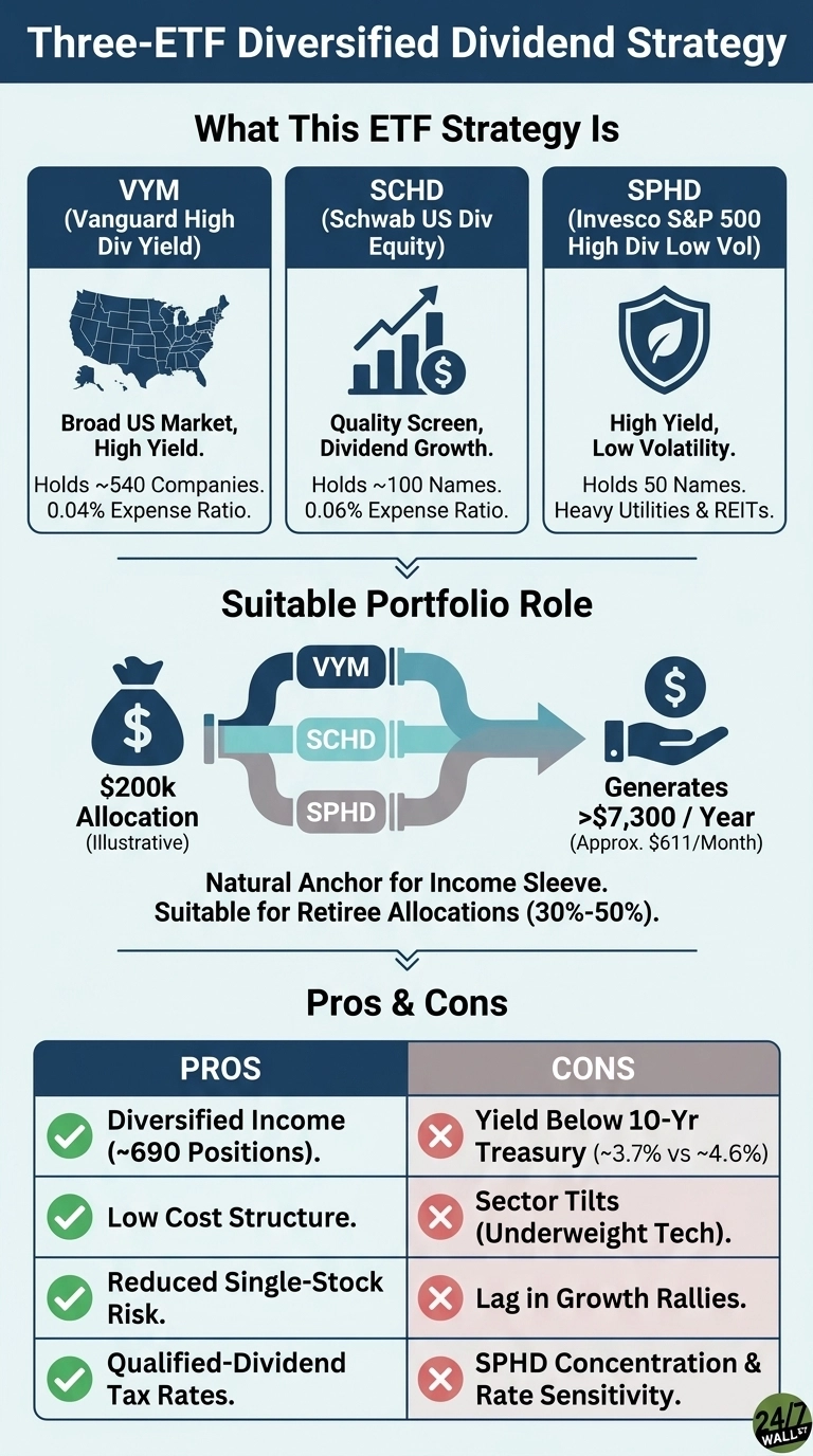 An infographic titled 'Three-ETF Diversified Dividend Strategy'. It is divided into three main sections. The first section, 'What This ETF Strategy Is', details three ETFs: VYM (Vanguard High Div Yield) with a US map icon, described as Broad US Market, High Yield, holding ~540 companies with a 0.04% expense ratio; SCHD (Schwab US Div Equity) with a growth chart and dollar sign icon, described as Quality Screen, Dividend Growth, holding ~100 names with a 0.06% expense ratio; and SPHD (Invesco S&P 500 High Div Low Vol) with a shield and leaf icon, described as High Yield, Low Volatility, holding 50 names, heavy in Utilities & REITs. The second section, 'Suitable Portfolio Role', shows a $200k allocation flowing into VYM, SCHD, and SPHD, which then merges to generate >$7,300 per year (approx. $611/Month). It notes this strategy is a natural anchor for an income sleeve, suitable for retiree allocations (30%-50%). The third section, 'Pros & Cons', lists four advantages with green checkmarks: Diversified Income (~690 Positions), Low Cost Structure, Reduced Single-Stock Risk, and Qualified-Dividend Tax Rates. It also lists four disadvantages with red 'X' marks: Yield Below 10-Yr Treasury (~3.7% vs ~4.6%), Sector Tilts (Underweight Tech), Lag in Growth Rallies, and SPHD Concentration & Rate Sensitivity.