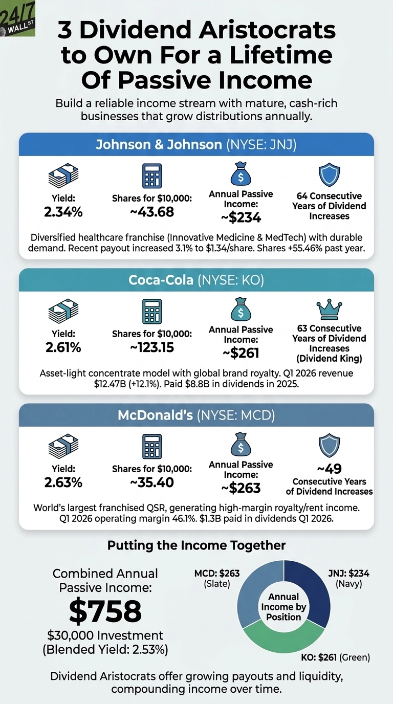 An infographic titled '3 Dividend Aristocrats to Own For a Lifetime Of Passive Income.' It presents financial data for three companies: Johnson & Johnson, Coca-Cola, and McDonald's. For Johnson & Johnson (NYSE: JNJ), the yield is 2.34%, shares for $10,000 are ~43.68, annual passive income is ~$234, and there are 64 consecutive years of dividend increases. For Coca-Cola (NYSE: KO), the yield is 2.61%, shares for $10,000 are ~123.15, annual passive income is ~$261, and there are 63 consecutive years of dividend increases, making it a Dividend King. For McDonald's (NYSE: MCD), the yield is 2.63%, shares for $10,000 are ~35.40, annual passive income is ~$263, and there are ~49 consecutive years of dividend increases. A section titled 'Putting the Income Together' shows a combined annual passive income of $758 from a $30,000 investment, representing a blended yield of 2.53%. A pie chart titled 'Annual Income by Position' visually breaks down the total income: JNJ contributes $234 (navy slice), KO contributes $261 (green slice), and MCD contributes $263 (slate slice).