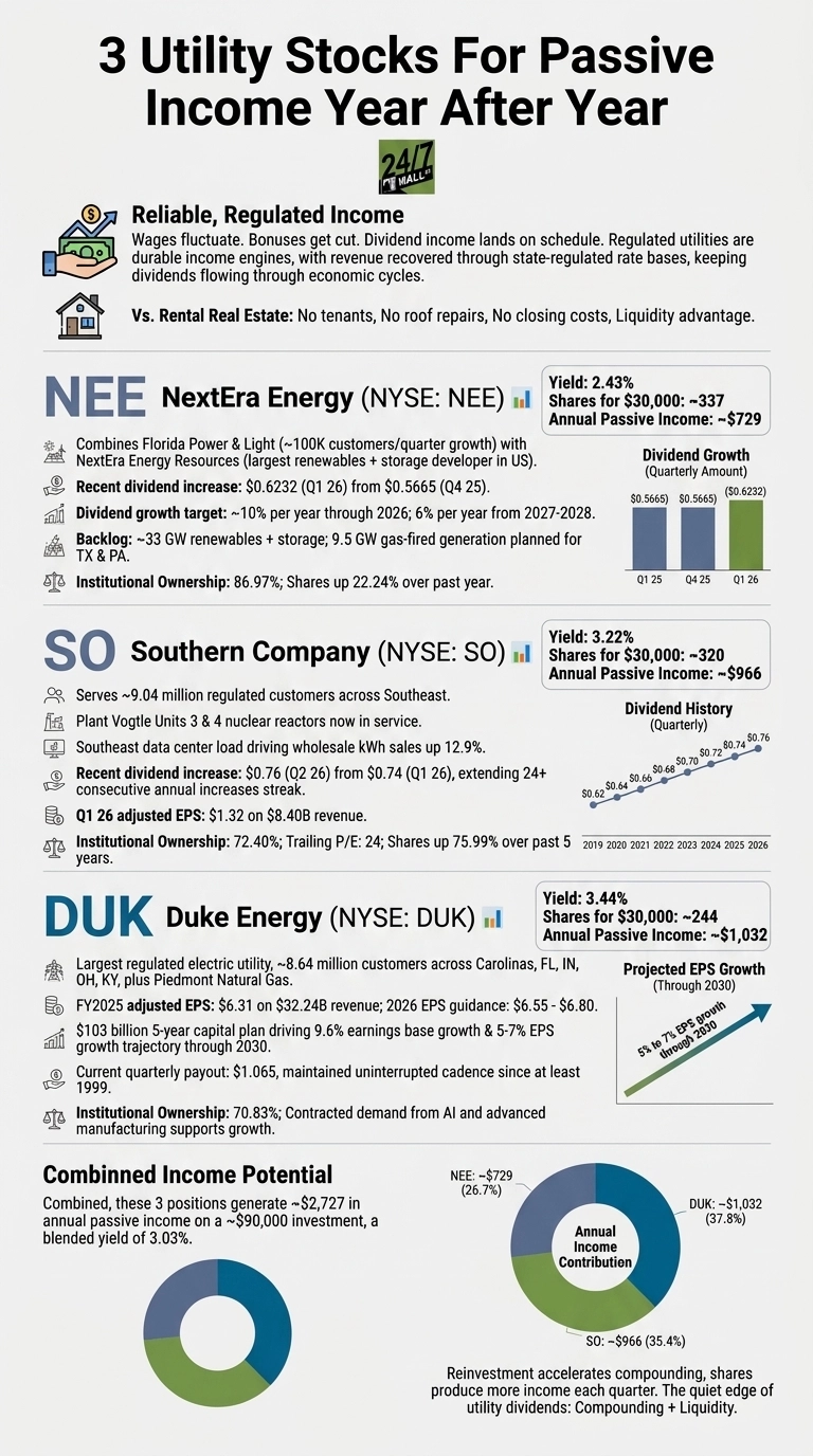 An infographic titled '3 Utility Stocks For Passive Income Year After Year'. The top section describes 'Reliable, Regulated Income' contrasting it with rental real estate. Below are three main sections, each dedicated to a utility stock. The first section details NextEra Energy (NEE) with its yield of 2.43%, annual passive income of ~$729, and a bar chart showing quarterly dividend growth from $0.5665 (Q1 25) to $0.6232 (Q1 26). The second section focuses on Southern Company (SO), showing a yield of 3.22%, annual passive income of ~$966, and a line graph depicting dividend history from $0.62 in 2019 to $0.76 in 2026. The third section covers Duke Energy (DUK), listing a yield of 3.44%, annual passive income of ~$1,032, and a line chart illustrating projected EPS growth of 5% to 7% through 2030. The bottom section, 'Combined Income Potential', states these three positions generate ~$2,727 in annual passive income on a ~$90,000 investment with a blended yield of 3.03%, and includes a donut chart showing the annual income contribution split: NEE ~$729 (26.7%), SO ~$966 (35.4%), and DUK ~$1,032 (37.8%). Text below emphasizes reinvestment for compounding.