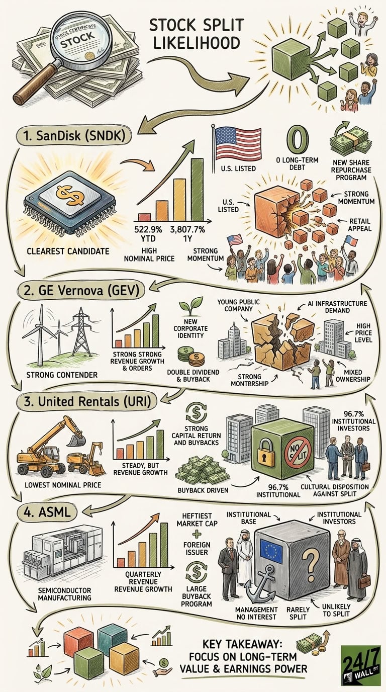 A vertical financial infographic ranking four companies from most to least likely to perform a stock split, featuring SanDisk as the top candidate and ASML as the least likely.