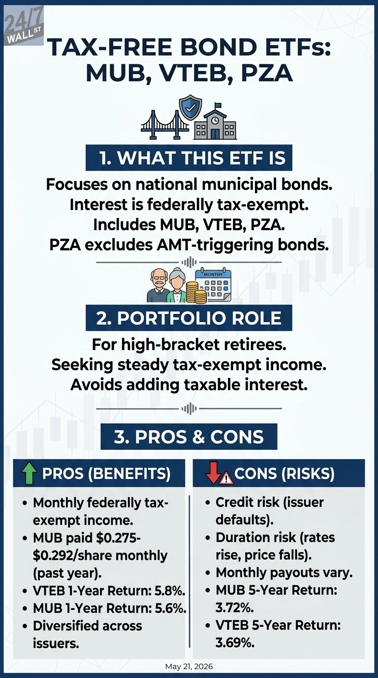 An infographic titled 'TAX-FREE BOND ETFS: MUB, VTEB, PZA' on a light grey background with faint bar chart outlines. The infographic is divided into three main sections with dark blue headers. Section 1, 'WHAT THIS ETF IS,' states it focuses on national municipal bonds, interest is federally tax-exempt, includes MUB, VTEB, PZA, and PZA excludes AMT-triggering bonds. An icon of a bridge, shield, and building is above this section. Section 2, 'PORTFOLIO ROLE,' states it's for high-bracket retirees, seeking steady tax-exempt income, and avoids adding taxable interest. An icon of an elderly couple with money and a monthly calendar is above this section. Section 3, 'PROS & CONS,' is split into two columns. The 'PROS (BENEFITS)' column, with an green upward arrow icon, lists: Monthly federally tax-exempt income; MUB paid $0.275-$0.292/share monthly (past year); VTEB 1-Year Return: 5.8%; MUB 1-Year Return: 5.6%; Diversified across issuers. The 'CONS (RISKS)' column, with a red downward arrow and caution sign icon, lists: Credit risk (issuer defaults); Duration risk (rates rise, price falls); Monthly payouts vary; MUB 5-Year Return: 3.72%; VTEB 5-Year Return: 3.69%. The bottom of the infographic states 'May 21, 2026'.