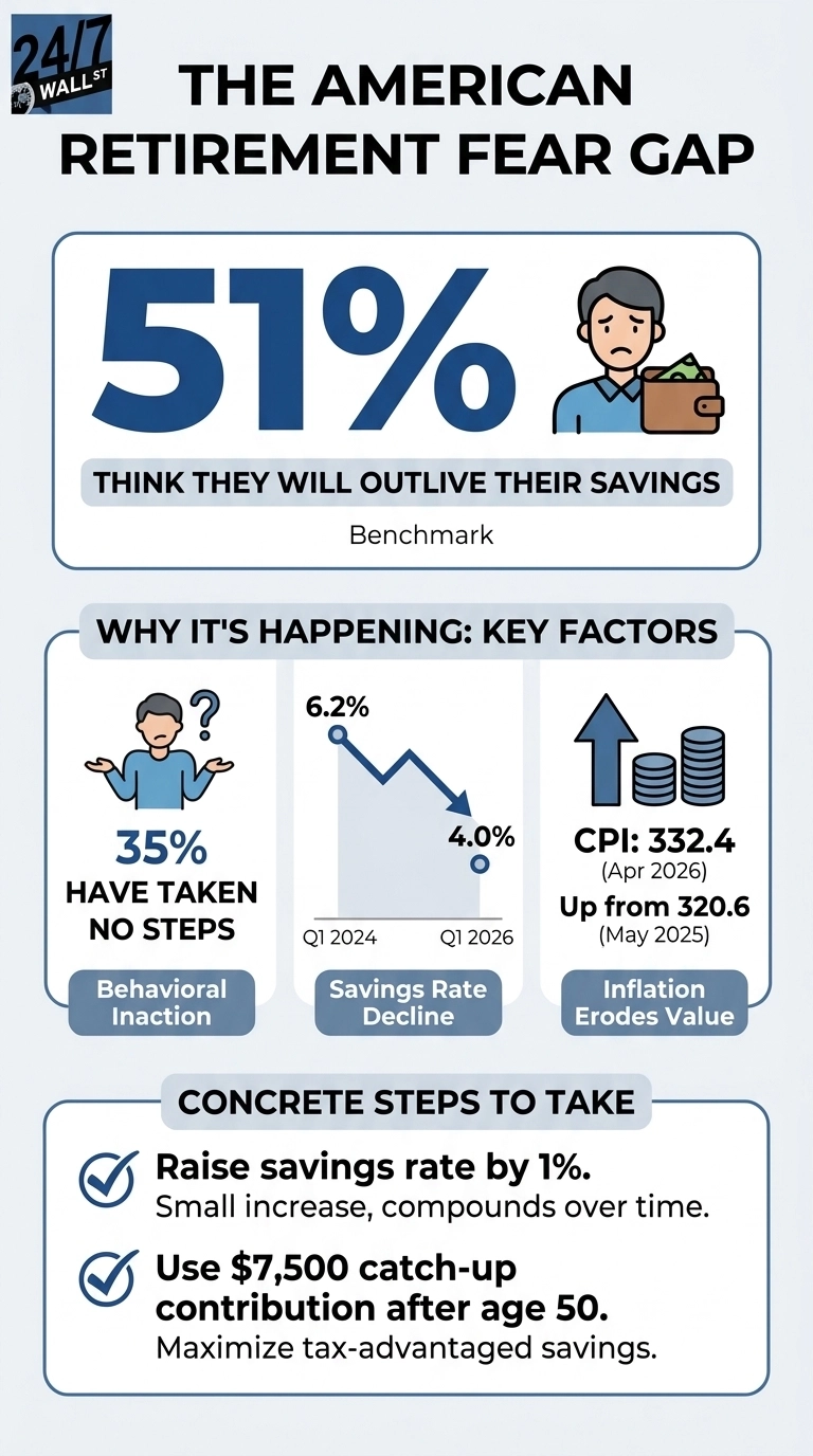 An infographic titled 'THE AMERICAN RETIREMENT FEAR GAP' from 24/7 WALL ST. It features four main sections on a light blue background with white borders. The top section, labeled 'Benchmark,' displays '51%' with an icon of a sad man holding a nearly empty wallet, and the text 'THINK THEY WILL OUTLIVE THEIR SAVINGS.' The middle section, 'WHY IT'S HAPPENING: KEY FACTORS,' has three columns. The first column, 'Behavioral Inaction,' shows '35%' and an icon of a man shrugging with a question mark, with text 'HAVE TAKEN NO STEPS.' The second column, 'Savings Rate Decline,' displays a line graph showing a decrease from '6.2% Q1 2024' to '4.0% Q1 2026.' The third column, 'Inflation Erodes Value,' shows an upward arrow with stacks of coins, and text 'CPI: 332.4 (Apr 2026) Up from 320.6 (May 2025).' The bottom section, 'CONCRETE STEPS TO TAKE,' lists two bullet points with checkmark icons: 'Raise savings rate by 1%. Small increase, compounds over time.' and 'Use $7,500 catch-up contribution after age 50. Maximize tax-advantaged savings.'