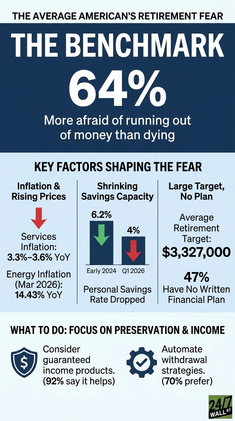 An infographic titled 'THE AVERAGE AMERICAN'S RETIREMENT FEAR' with a dark blue background and light blue sections. The main benchmark states '64% More afraid of running out of money than dying'. Below this, a section titled 'KEY FACTORS SHAPING THE FEAR' is divided into three columns. The first column, 'Inflation & Rising Prices', shows a red downward arrow and lists 'Services Inflation: 3.3%-3.6% YoY' and 'Energy Inflation (Mar 2026): 14.43% YoY'. The second column, 'Shrinking Savings Capacity', features a bar chart showing '6.2%' (Early 2024) with a green downward arrow and '4%' (Q1 2026) with a red downward arrow, labeled 'Personal Savings Rate Dropped'. The third column, 'Large Target, No Plan', states 'Average Retirement Target: $3,327,000' and '47% Have No Written Financial Plan'. The bottom section, 'WHAT TO DO: FOCUS ON PRESERVATION & INCOME', presents two solutions. The first shows a shield icon with a dollar sign and text: 'Consider guaranteed income products. (92% say it helps)'. The second shows a gear icon with a checkmark and text: 'Automate withdrawal strategies. (70% prefer)'. A '24/7 WALL ST' logo is in the bottom right corner.