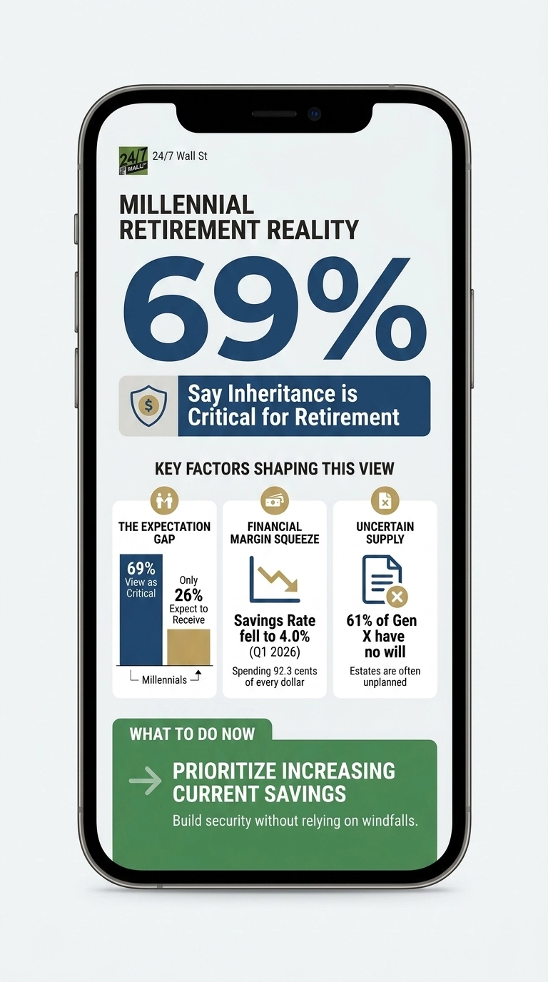 An infographic titled 'Millennial Retirement Reality' from 24/7 Wall St. features a large '69%' with the text 'Say Inheritance is Critical for Retirement.' Below, it details 'KEY FACTORS SHAPING THIS VIEW' in three columns. The first column, 'THE EXPECTATION GAP,' shows a bar chart where a dark blue bar represents 69% who 'View as Critical' and a gold bar represents only 26% who 'Expect to Receive' for Millennials. The second column, 'FINANCIAL MARGIN SQUEEZE,' displays a downward trending line graph and states 'Savings Rate fell to 4.0% (Q1 2026)' and 'Spending 92.3 cents of every dollar.' The third column, 'UNCERTAIN SUPPLY,' shows a document icon with an 'X' and text '61% of Gen X have no will' and 'Estates are often unplanned.' At the bottom, a green section titled 'WHAT TO DO NOW' suggests 'PRIORITIZE INCREASING CURRENT SAVINGS' with the advice 'Build security without relying on windfalls.'