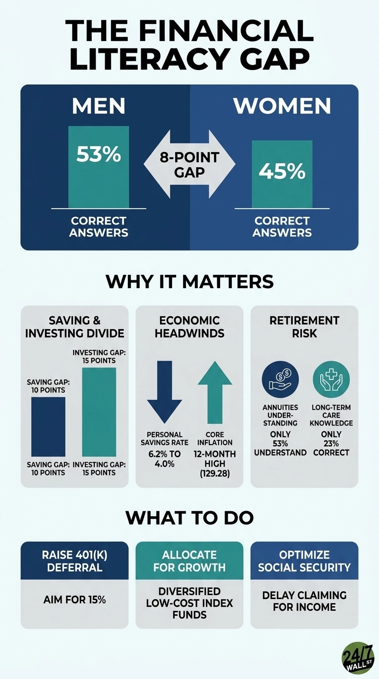 An infographic titled 'The Financial Literacy Gap' presents data across three main sections. The top section, 'The Financial Literacy Gap', shows two bar charts: 'MEN' at 53% correct answers and 'WOMEN' at 45% correct answers, separated by an arrow stating '8-POINT GAP'. The middle section, 'WHY IT MATTERS', has three panels: 'SAVING & INVESTING DIVIDE' with two bar charts labeled 'SAVING GAP: 10 POINTS' and 'INVESTING GAP: 15 POINTS'; 'ECONOMIC HEADWINDS' showing a downward arrow with 'PERSONAL SAVINGS RATE 6.2% TO 4.0%' and an upward arrow with 'CORE INFLATION 12-MONTH HIGH (129.28)'; and 'RETIREMENT RISK' with two circular icons, one for 'ANNUITIES UNDERSTANDING ONLY 53% UNDERSTAND' and another for 'LONG-TERM CARE KNOWLEDGE ONLY 23% CORRECT'. The bottom section, 'WHAT TO DO', features three call-to-action boxes: 'RAISE 401(K) DEFERRAL AIM FOR 15%', 'ALLOCATE FOR GROWTH DIVERSIFIED LOW-COST INDEX FUNDS', and 'OPTIMIZE SOCIAL SECURITY DELAY CLAIMING FOR INCOME'. The background is light blue, with dark blue, light blue, and teal colors used for panels and data visualization.