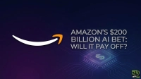 A dark blue and purple gradient background with a white Amazon smile logo featuring an orange arrow. White outline text to the right reads 'AMAZON'S $200 BILLION AI BET: WILL IT PAY OFF?'. Below the text, a glowing blue and purple circuit board graphic features a dollar sign symbol at its center. A '24/7 WALL ST.' logo is visible in the bottom right corner.