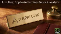 A brass nameplate etched with 'APPLOVIN' and its stylized 'A' heart logo rests on a warm brown wooden desk. An antique brass desk stamp is positioned to the right of the nameplate, and a dark red leather notebook is partially visible in the bottom right. The image has an overlay text 'Live Blog: AppLovin Earnings News & Analysis' and a '24/7 WALL ST.' logo at the bottom right.