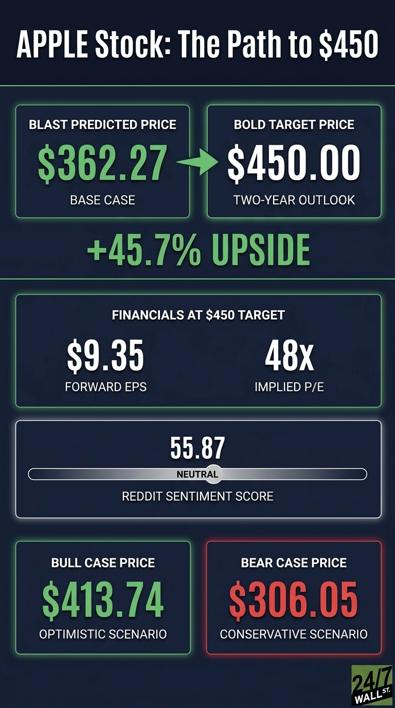An infographic titled 'APPLE Stock: The Path to $450' on a dark blue background. It displays predicted stock prices and financial metrics for Apple. The top section shows 'BLAST PREDICTED PRICE' of $362.27 as a 'BASE CASE', with an arrow pointing to a 'BOLD TARGET PRICE' of $450.00 for a 'TWO-YEAR OUTLOOK', indicating a '+45.7% UPSIDE'. The middle section highlights 'FINANCIALS AT $450 TARGET', including '$9.35 FORWARD EPS' and '48x IMPLIED P/E'. Below this, a 'REDDIT SENTIMENT SCORE' is shown as 55.87, marked 'NEUTRAL' on a progress bar. The bottom section presents a 'BULL CASE PRICE' of $413.74 for an 'OPTIMISTIC SCENARIO' and a 'BEAR CASE PRICE' of $306.05 for a 'CONSERVATIVE SCENARIO'. Each data point is presented in distinct colored boxes.