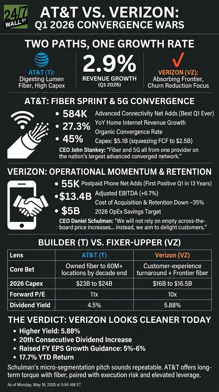 An infographic titled 'AT&T VS. VERIZON: Q1 2026 CONVERGENCE WARS'. It features two main sections: 'AT&T: Fiber Sprint & 5G Convergence' and 'Verizon: Operational Momentum & Retention', each with bullet points of financial data, key metrics, and CEO quotes. Both companies show 2.9% revenue growth for Q1 2026. AT&T's data includes 584K Advanced Connectivity Net Adds, 27.3% YoY Home Internet Revenue Growth, 45% Organic Convergence Rate, and $5.1B Capex. Verizon's data includes 55K Postpaid Phone Net Adds, $13.4B Adjusted EBITDA, ~35% Cost of Acquisition & Retention Down, and a $5B 2026 OpEx Savings Target. A table titled 'BUILDER (T) VS. FIXER-UPPER (VZ)' compares Core Bet, 2026 Capex, Forward P/E, and Dividend Yield for AT&T and Verizon. AT&T's core bet is owned fiber to 60M+ locations by decade end, 2026 Capex $23B to $24B, Forward P/E 11x, Dividend Yield 4.5%. Verizon's core bet is customer-experience turnaround + Frontier fiber, 2026 Capex $16B to $16.5B, Forward P/E 10x, Dividend Yield 5.88%. The infographic concludes with 'THE VERDICT: VERIZON LOOKS CLEANER TODAY' listing bullet points: Higher Yield: 5.88%, 20th Consecutive Dividend Increase, Raised FY EPS Growth Guidance: 5%-6%, and 17.7% YTD Return. The bottom includes a concluding sentence about Schulman's pitch and AT&T's long-term torque, with a timestamp of May 18, 2026.