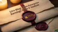 An aged paper scroll or envelope, partially unfurled, with text reading 'Live Blog: Axon Enterprise Earnings News & Analysis'. It is secured by a deep red wax seal prominently displaying the yellow Axon Enterprise logo. Two lit candles cast a warm glow in the upper left background, and a second, plain red wax seal is visible at the bottom right.