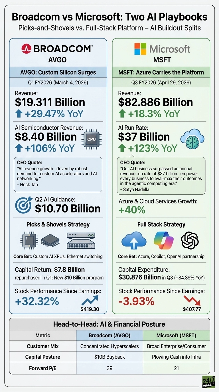 An infographic titled 'Broadcom vs Microsoft: Two AI Playbooks' comparing the two companies' AI strategies and financial metrics. The left section, highlighted in blue, details Broadcom (AVGO) with Q1 FY2026 revenue of $19.311 Billion and AI semiconductor revenue of $8.40 Billion, describing a 'Picks & Shovels Strategy' with core bets on Custom AI XPUs and Ethernet switching. The right section, highlighted in green, details Microsoft (MSFT) with Q3 FY2026 revenue of $82.886 Billion and an AI run rate of $37 Billion, describing a 'Full Stack Strategy' with core bets on Azure, Copilot, and OpenAI partnership. A 'Head-to-Head' table at the bottom compares customer mix, capital posture, and forward P/E for both companies, showing Broadcom's stock performance up +32.32% since earnings at $419.30 and Microsoft's down -3.93% at $407.77.