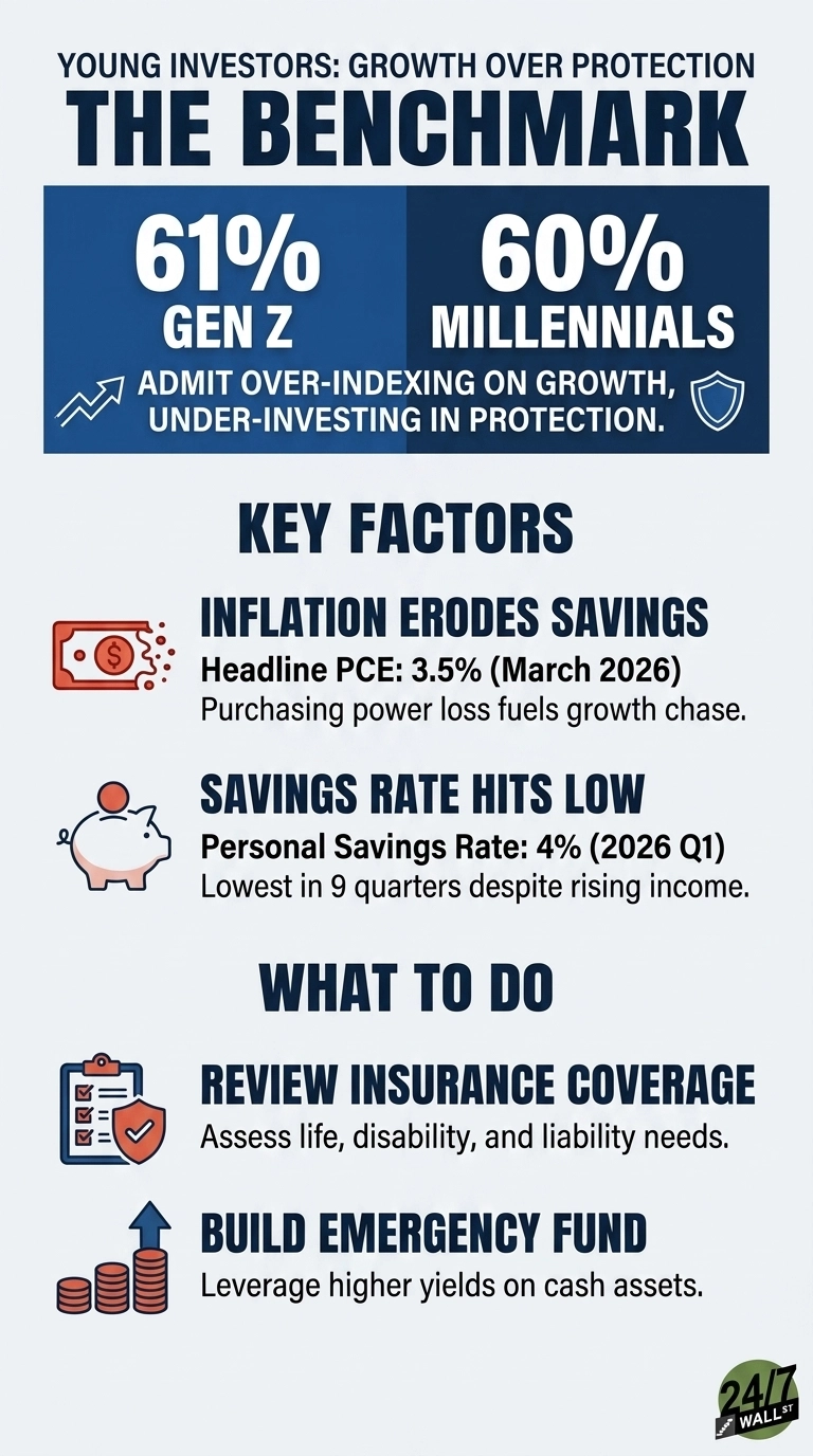 Infographic titled 'Young Investors: Growth Over Protection The Benchmark'. It shows 61% of Gen Z and 60% of Millennials admit over-indexing on growth and under-investing in protection. Key factors listed are 'Inflation Erodes Savings' (Headline PCE: 3.5% March 2026) with a money icon, and 'Savings Rate Hits Low' (Personal Savings Rate: 4% 2026 Q1) with a piggy bank icon. Recommendations under 'What To Do' include 'Review Insurance Coverage' with a checklist and shield icon, and 'Build Emergency Fund' with stacked coins and an upward arrow icon.