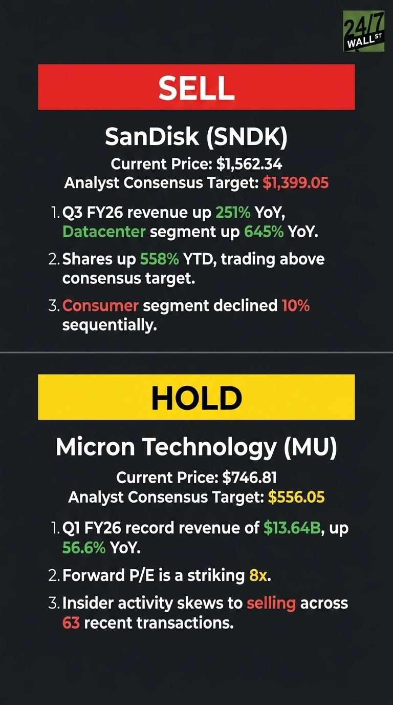 An infographic from 24/7 Wall St. displays stock recommendations for two companies. The top section, labeled 'SELL' in a red banner, provides data for SanDisk (SNDK), showing a current price of $1,562.34 and an analyst consensus target of $1,399.05. Bullet points detail Q3 FY26 revenue up 251% YoY, Datacenter segment up 645% YoY (both in green), shares up 558% YTD (in green), and Consumer segment declined 10% sequentially (in red). The bottom section, labeled 'HOLD' in a yellow banner, provides data for Micron Technology (MU), showing a current price of $746.81 and an analyst consensus target of $556.05. Bullet points indicate Q1 FY26 record revenue of $13.64B, up 56.6% YoY (both in green), a forward P/E of 8x (in yellow), and insider activity skewed to selling across 63 recent transactions (selling and 63 in red).