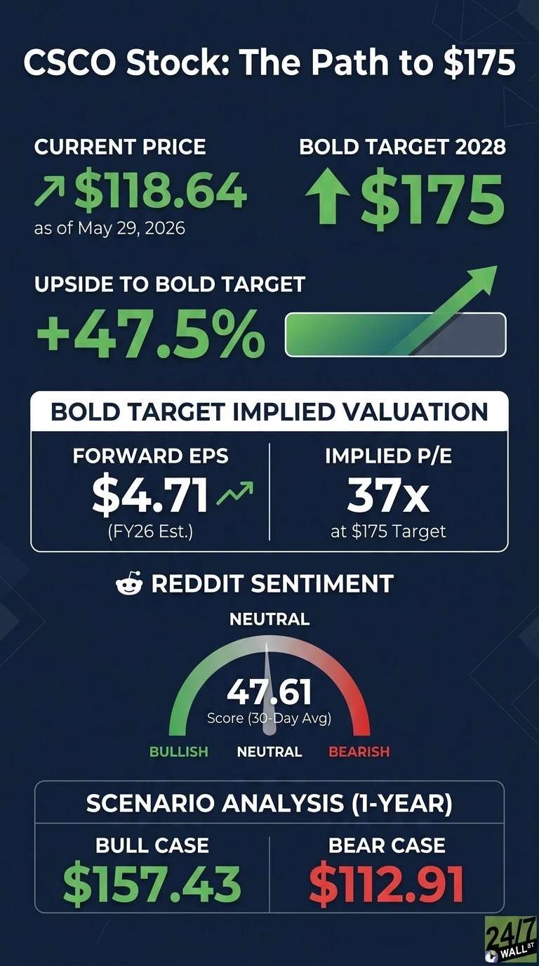 An infographic titled 'CSCO Stock: The Path to $175' on a dark blue background. It shows the current stock price of $118.64 as of May 29, 2026, and a bold target of $175 for 2028, representing a +47.5% upside. Below this, details include a forward EPS of $4.71 (FY26 Est.) and an implied P/E of 37x at the $175 target. A Reddit sentiment gauge points to 'Neutral' with a score of 47.61 (30-Day Avg), flanked by 'Bullish' and 'Bearish' labels. The bottom section presents a 1-year scenario analysis with a Bull Case of $157.43 and a Bear Case of $112.91. All numerical values and text are displayed in white, green, and red.