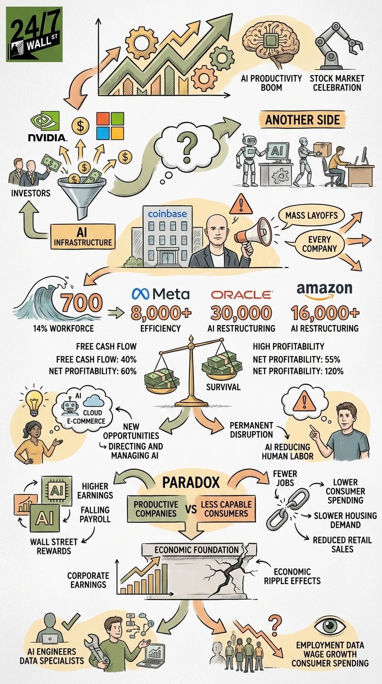 A complex infographic depicting the relationship between AI productivity, stock market gains, and mass layoffs, featuring logos for Nvidia, Microsoft, Coinbase, Meta, Oracle, and Amazon.