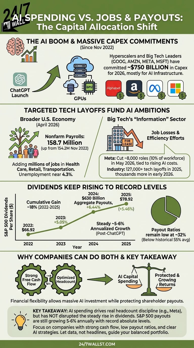 An infographic detailing the 'Capital Allocation Shift' where Big Tech companies balance massive AI spending with job cuts and record-high shareholder dividends.
