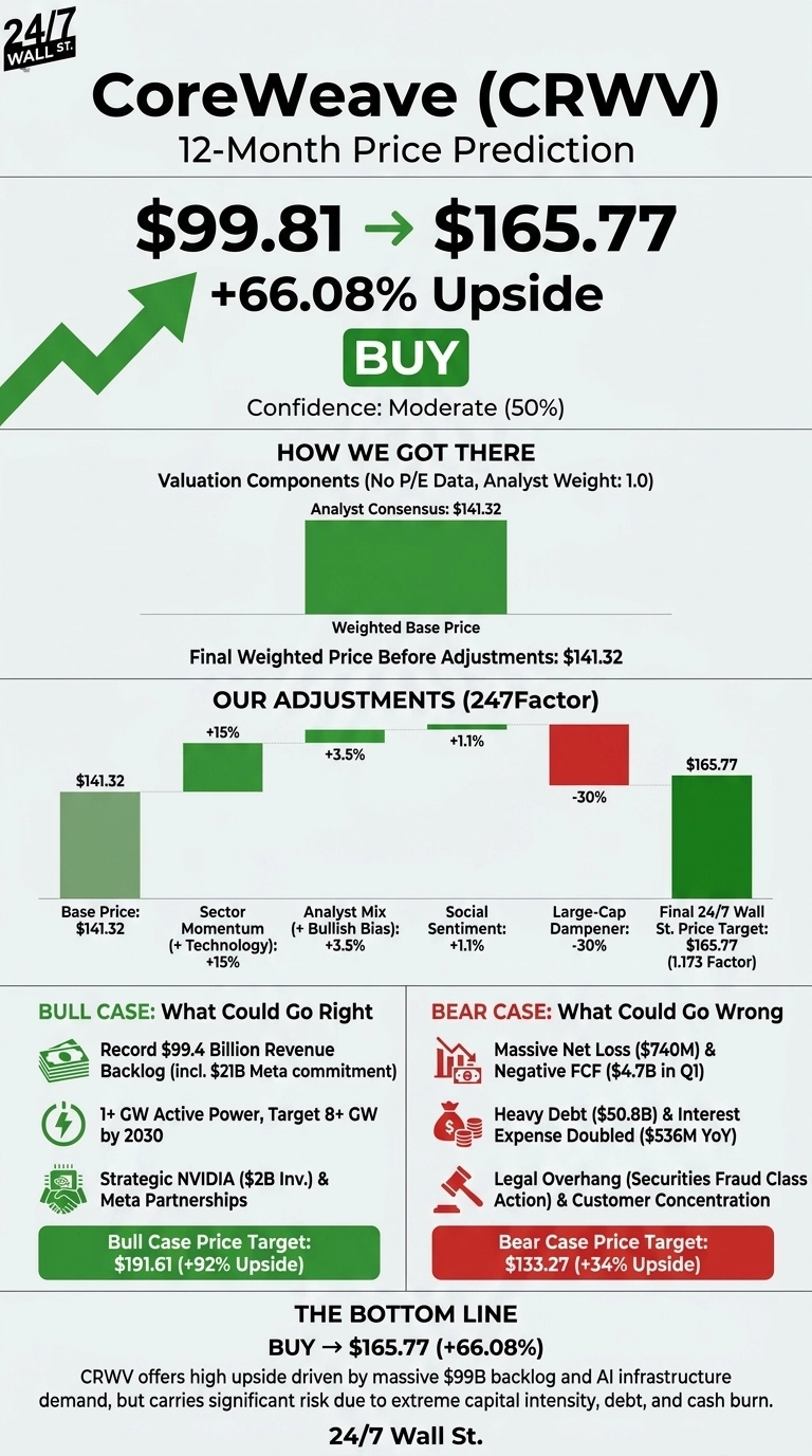 An infographic titled 'CoreWeave (CRWV) 12-Month Price Prediction'. The infographic displays a current price of $99.81 moving to a predicted target of $165.77, indicating a +66.08% Upside, with a 'BUY' recommendation and moderate (50%) confidence. A section 'HOW WE GOT THERE' shows Analyst Consensus and Weighted Base Price at $141.32. The 'OUR ADJUSTMENTS (247Factor)' section illustrates adjustments to the Base Price of $141.32, including Sector Momentum (+15%), Analyst Mix (+3.5%), Social Sentiment (+1.1%), and Large-Cap Dampener (-30%), leading to a Final 24/7 Wall St. Price Target of $165.77. Below, 'BULL CASE: What Could Go Right' lists a Record $99.4 Billion Revenue Backlog, 1+ GW Active Power target by 2030, and Strategic NVIDIA & Meta Partnerships, with a Bull Case Price Target of $191.61 (+92% Upside). The 'BEAR CASE: What Could Go Wrong' lists Massive Net Loss ($740M) & Negative FCF ($4.7B in Q1), Heavy Debt ($50.8B) & Doubled Interest Expense, and Legal Overhang & Customer Concentration, with a Bear Case Price Target of $133.27 (+34% Upside). The 'THE BOTTOM LINE' reiterates the BUY recommendation at $165.77 (+66.08%).