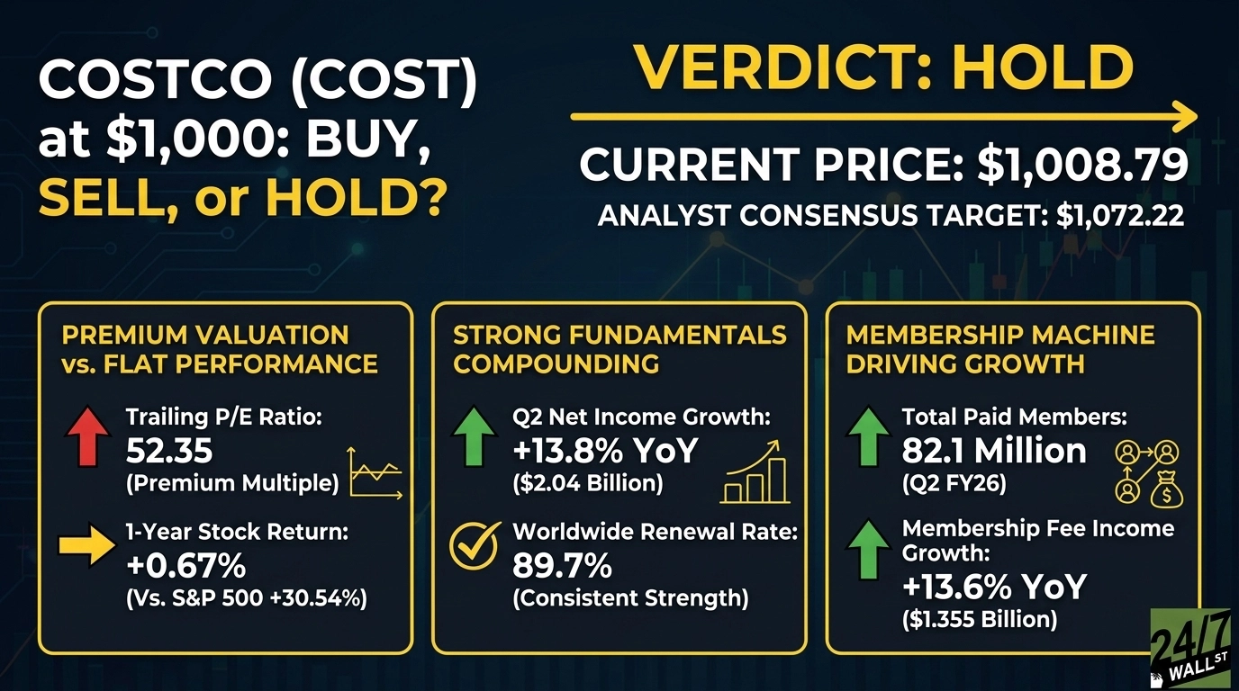 An infographic titled 'COSTCO (COST) at $1,000: BUY, SELL, or HOLD?' with a dark background. The prominent verdict is 'HOLD' in yellow text. Below this, the 'CURRENT PRICE: $1,008.79' and 'ANALYST CONSENSUS TARGET: $1,072.22' are displayed. Three yellow-bordered boxes are arranged horizontally at the bottom. The first box, 'PREMIUM VALUATION vs. FLAT PERFORMANCE,' shows a trailing P/E ratio of 52.35 (Premium Multiple) and a 1-year stock return of +0.67% (Vs. S&P 500 +30.54%). The second box, 'STRONG FUNDAMENTALS COMPOUNDING,' highlights Q2 net income growth of +13.8% YoY ($2.04 Billion) and a worldwide renewal rate of 89.7% (Consistent Strength). The third box, 'MEMBERSHIP MACHINE DRIVING GROWTH,' indicates total paid members at 82.1 Million (Q2 FY26) and membership fee income growth of +13.6% YoY ($1.355 Billion).