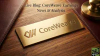 A brass nameplate with the CoreWeave logo and name engraved on it lies on a dark brown wooden desk. Brown leather notebooks are partially visible on the left and right sides, and a brass paperweight is in the upper right. An overlay reads 'Live Blog: CoreWeave Earnings News & Analysis'. A '24/7 WALL ST' logo is in the bottom right corner.