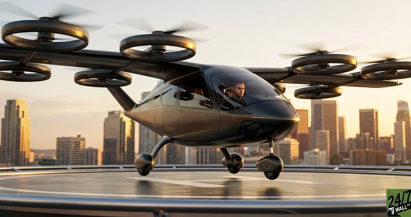The Archer Midnight eVTOL is a tangible symbol of future mobility. A dramatic low-angle shot of this sleek aircraft against a high-contrast sky creates a sense of imminent technological arrival that captures the 'speculative stock' intrigue.
