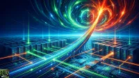 A vivid, abstract digital scene showcasing rows of dark server racks receding into the distance. Bright blue, green, and orange glowing lines represent data pathways, connecting the servers and leading to circuit board elements with embedded chips in the foreground. A powerful, luminous stream of light spirals upwards, transforming into a swirling vortex of green and red energy, with a detailed clock face embedded at its center. The background is a dark blue, creating a sense of depth and advanced technology.