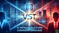 A digital graphic split into two halves: the left side is blue and shows server racks, circuit board patterns, and a silhouette of a person with a gavel, representing AI and regulation. The right side is red and depicts power plants, electricity pylons, and a silhouette of a person in a suit, symbolizing traditional energy and business. In the center, the large white letters 'VST' are surrounded by glowing blue and orange lines, connecting the two halves. Below 'VST', the text 'AI INFRASTRUCTURE COMMON GROUND' is displayed in glowing blue letters. A CPU chip with a brain icon is at the top center. The '24/7 WALL ST' logo is in the bottom right corner.