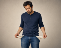 Man riddled with credit card debt displaying his empty pockets.