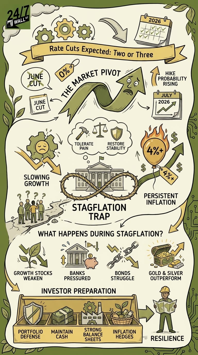 A detailed financial infographic illustrating the economic shift toward stagflation, featuring diagrams of rising hike probabilities, asset performance trends, and a toolkit for investor resilience.