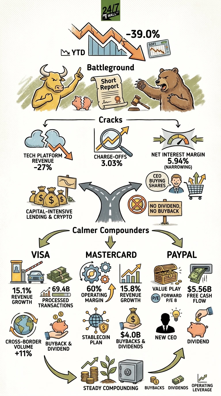 A financial infographic titled Battleground vs Calmer Compounders, featuring a bull and bear fighting over SoFi stock stats above detailed data for Visa, Mastercard, and PayPal.