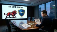 A corporate meeting room at dusk shows a man in a dark suit seated at a large polished wooden conference table, examining a document titled 'CONFIDENTIAL: EBAY ACQUISITION OFFER - $56B'. On the table are two stacks of US currency, a 'Bank Commitment Letter', a stock certificate, and a gold Bitcoin coin. Behind him, a large projector screen displays 'BIG GAME HUNTING' with a red lion logo featuring 'GME' and an eBay shield logo. Through the expansive window, city skyscrapers are visible, one with 'GME EBAY' illuminated in colored lights.