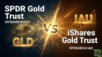 A graphic illustrating a comparison between SPDR Gold Trust (GLD) and iShares Gold Trust (IAU). On the left, white text reads 'SPDR Gold Trust NYSEARCA:GLD' above glowing gold bars and a large glowing 'GLD' at the bottom. On the right, white text reads 'IAU iShares Gold Trust NYSEARCA:IAU' above a glowing upward-trending bar chart and a large glowing 'IAU' at the bottom. A bright, energetic 'Vs.' sign in gold with bursting light is centered between the two sides, against a dark background with abstract circuit board patterns and faint financial charts.