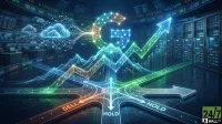 A futuristic, dark-themed digital illustration shows a glowing, connected network forming a large capital 'G' at the center, surrounded by digital mountains and data lines. Below the 'G', multiple glowing arrows indicate paths labeled 'SELL' in orange, 'HOLD' in white, and 'BUY' in green, merging and diverging from a central point. A large, upward-pointing green arrow signifying growth extends towards server racks on the right. In the background, computer screens display stock market data and financial figures, with several glowing cloud icons connected by lines, suggesting cloud computing and data integration.
